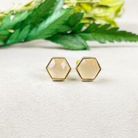 Rose Quartz Gemstone Hexagon Sterling Silver Gold Vermeil Collet Set Stud