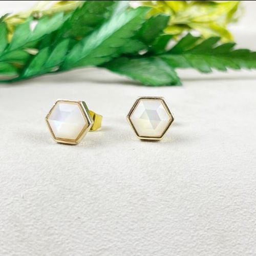 White Moonstone Gemstone Hexagon Sterling Silver Gold Vermeil Collet Set Stud