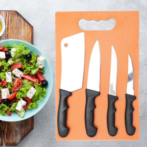 Chopping Board with Knife Set (Pack of 5 (2572) - Stainless Steel, 30x20x3 cm, Multi/Assorted Color | 5 Pcs Knife Set with Chopping Board