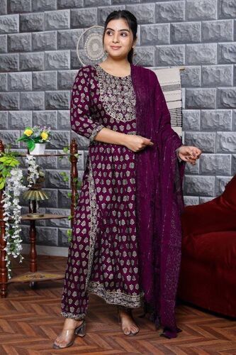 REYON WITH GOLD PRINT  WITH EMBROIDERY KURTI
