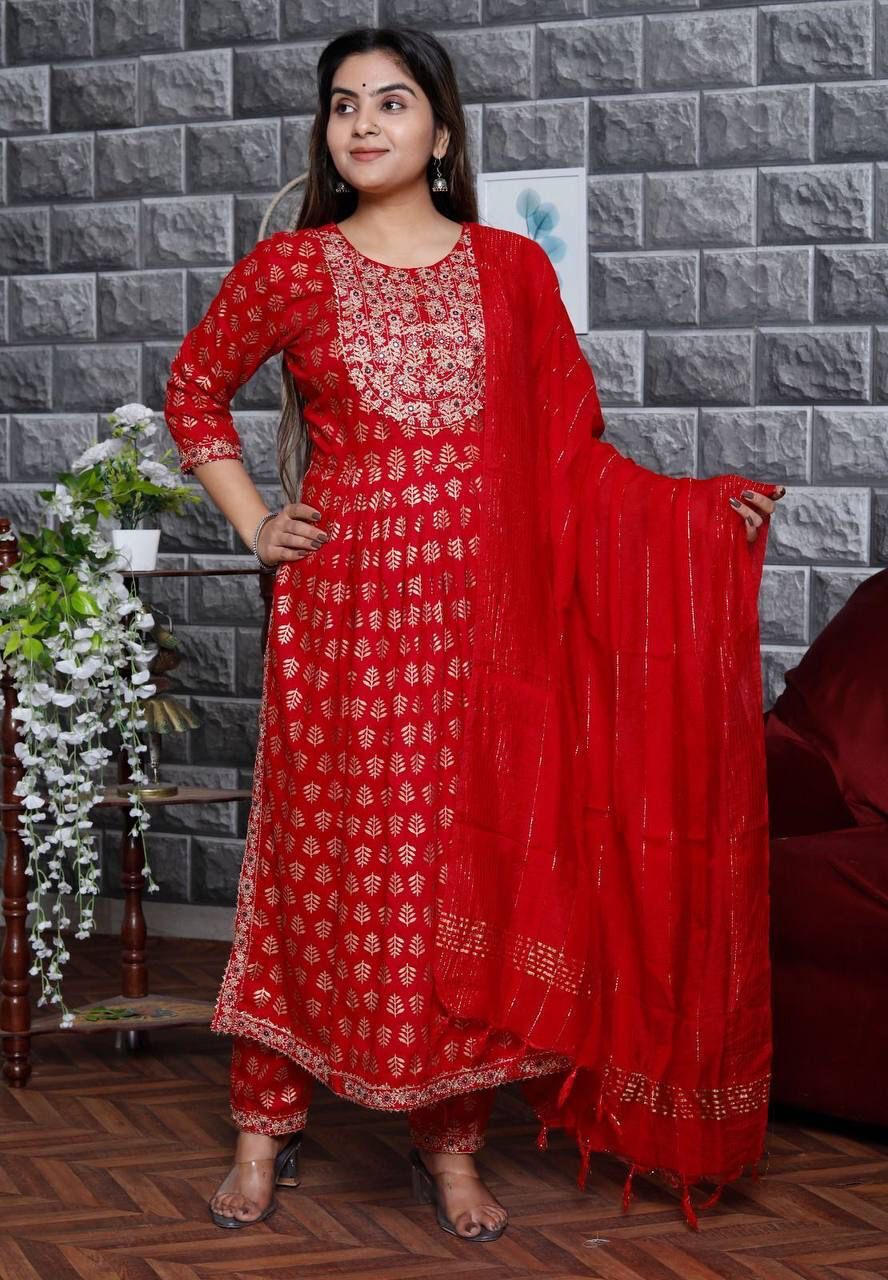 REYON WITH GOLD PRINT  WITH EMBROIDERY KURTI