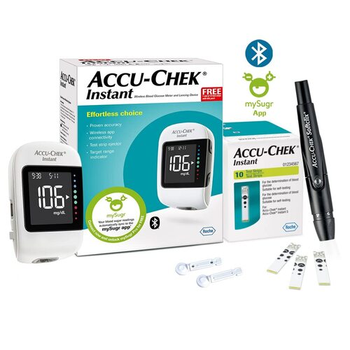 AccuChek Instant Blood Glucose Glucometer with Bluetooth with Vial of 10 Strips 10 Lancets and a Lancing Device FREE for Accurate Blood Sugar Testing
