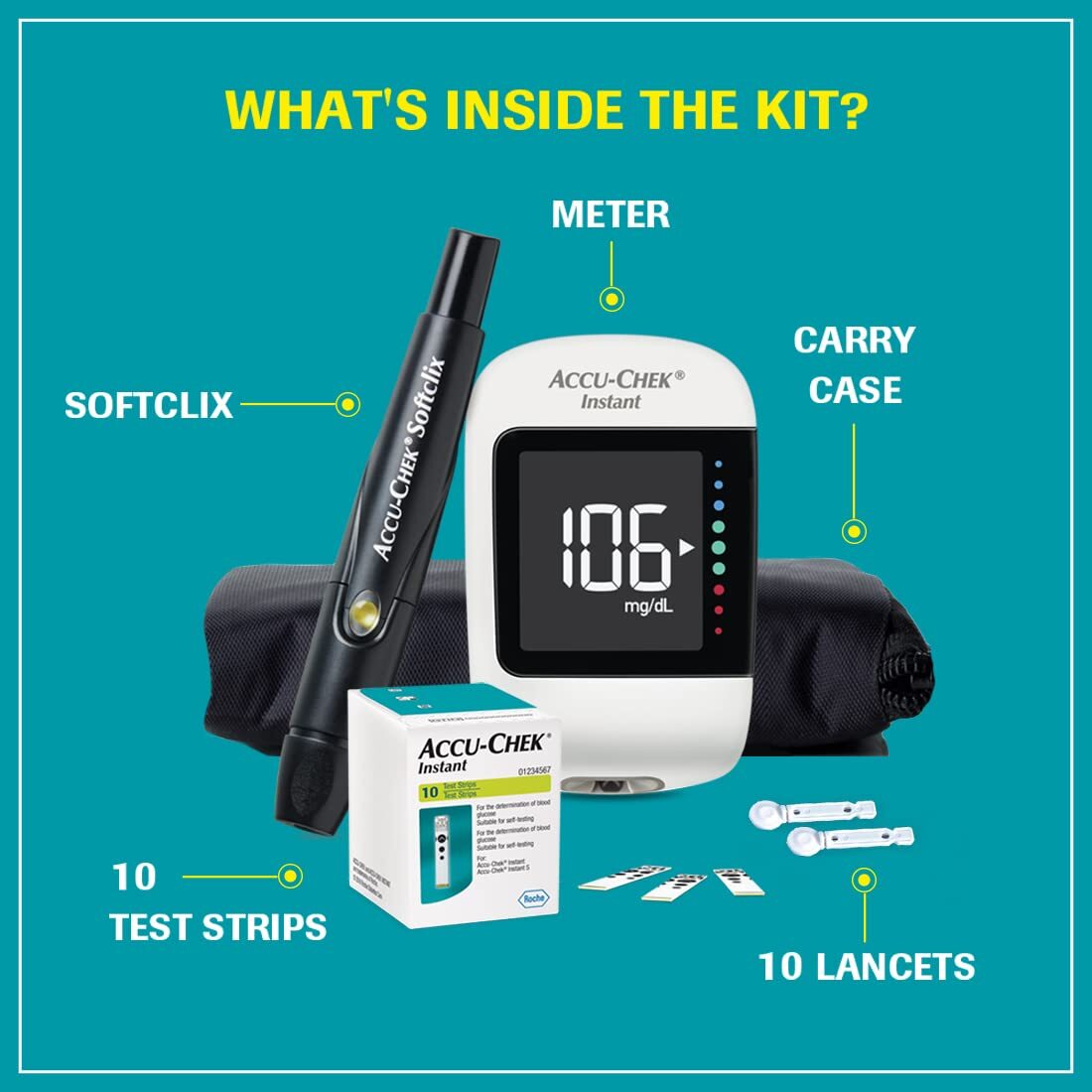 AccuChek Instant Blood Glucose Glucometer with Bluetooth with Vial of 10 Strips 10 Lancets and a Lancing Device FREE for Accurate Blood Sugar Testing
