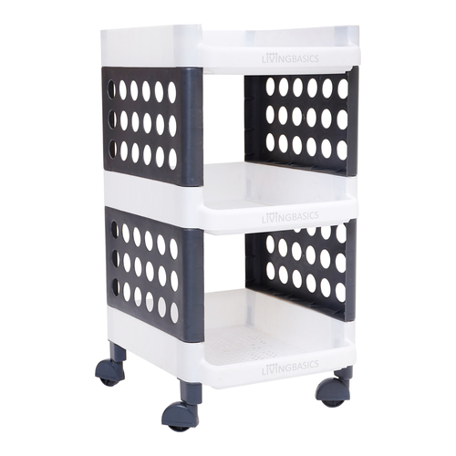 3 Layer Multipurpose Plastic Storage Stand Organizer with Wheels White Grey