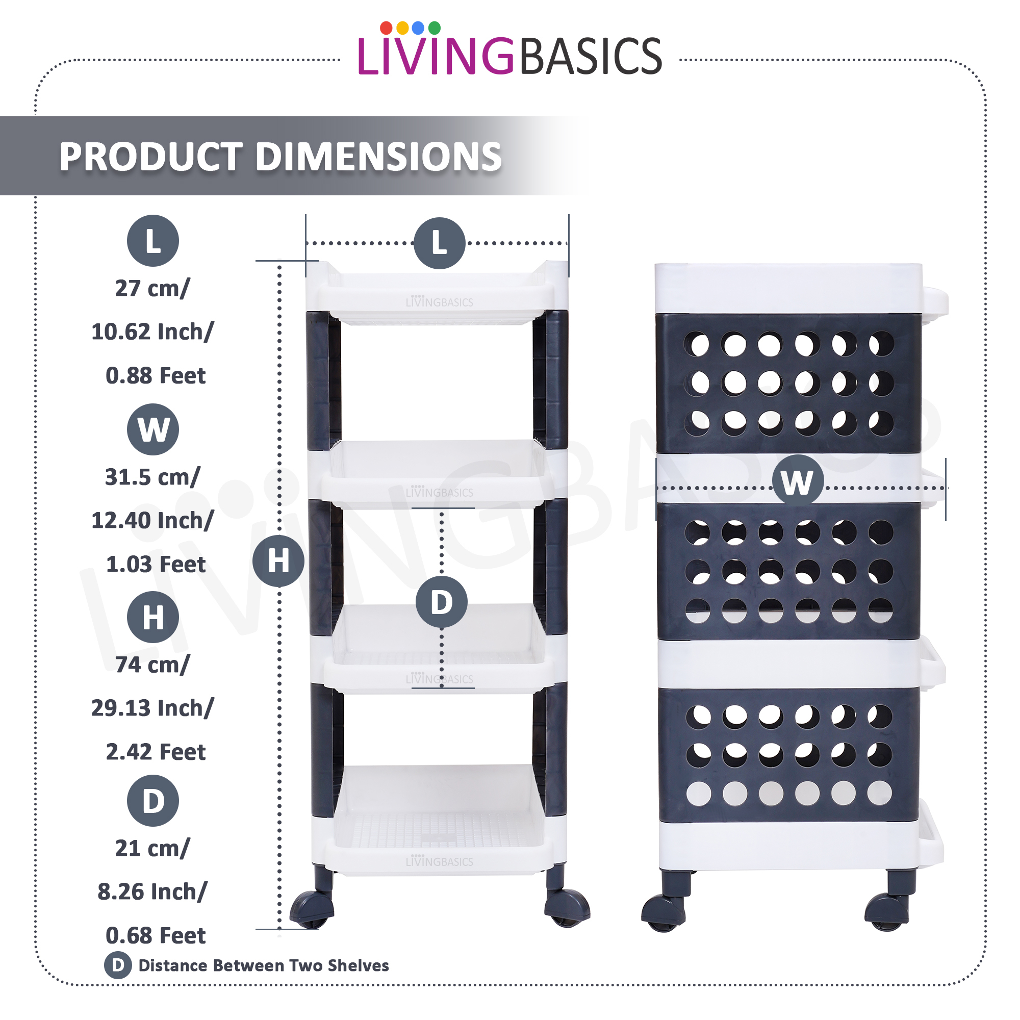 4 Layer Multipurpose Plastic Storage Stand Organizer with Wheels White Grey