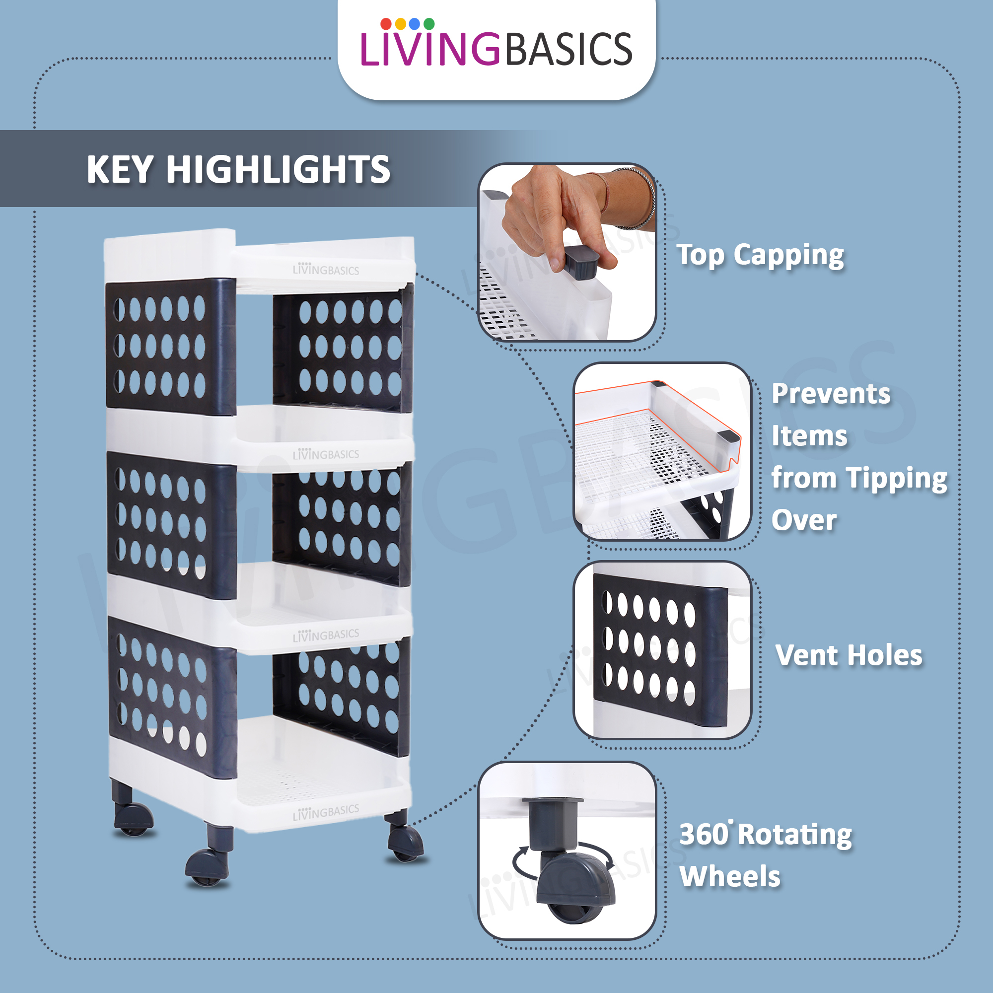 4 Layer Multipurpose Plastic Storage Stand Organizer with Wheels White Grey