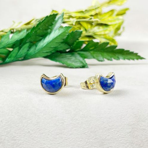 Lapis Lazuli Gemstone 6x8mm Crescent Sterling Silver Gold Vermeil Bezel Stud