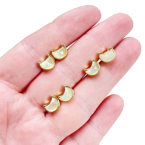 Earrings Rainbow Moonstone Gemstone 6X8Mm Crescent Sterling Silver Gold Vermeil Bezel Stud