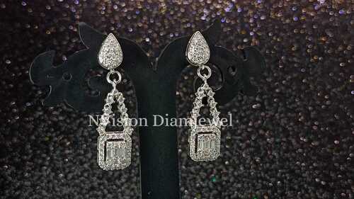 Natural Round and Bugget Diamond White Gold Earrings