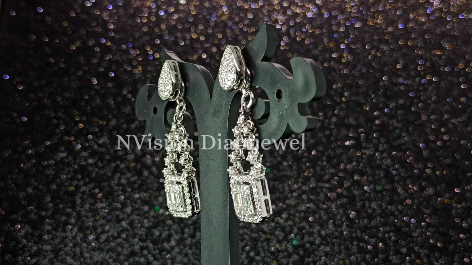 Natural Round and Bugget Diamond White Gold Earrings