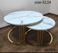 Marble Top Table - 32-24 Cm Top Diameter, White Color | Metal Base, Height Range 40-60 Cm, Ideal For Living Room, Nested Side Tables, Display
