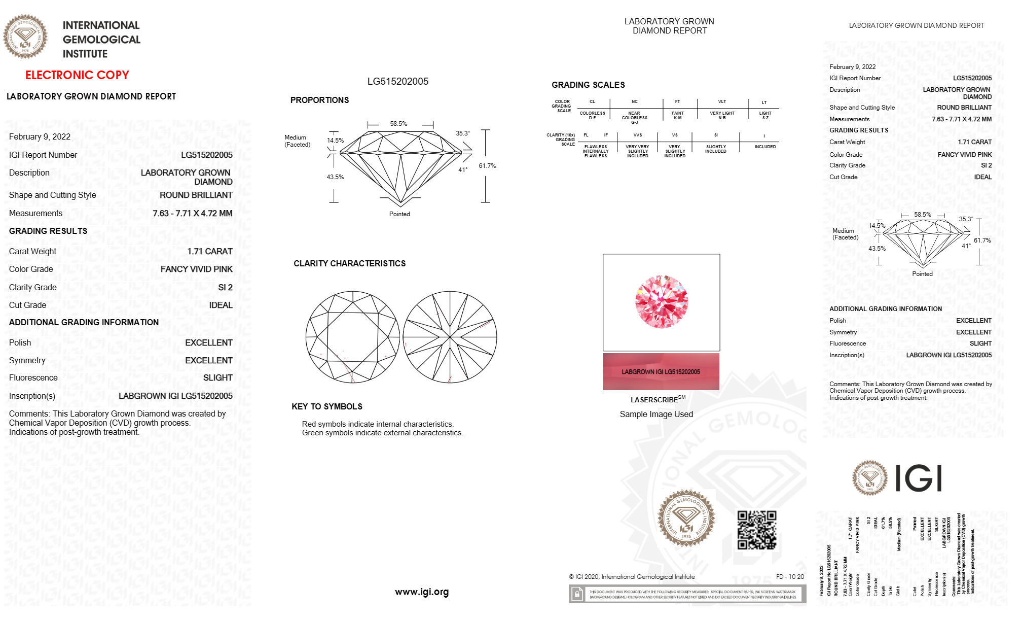 Round 1.71ct Fancy Vivid Pink SI2 IGI Certified CVD Lab Grown Diamond EC2569 515202005