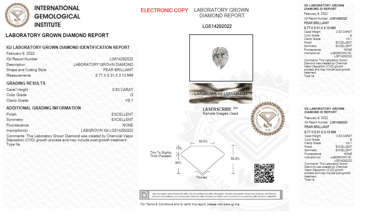 Pear 0.83ct G VS1 IGI Certified CVD Lab Grown Diamond 514292022 ES69