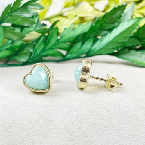 Amazonite Gemstone 9mm Heart Sterling Silver Gold Vermeil Bezel Stud