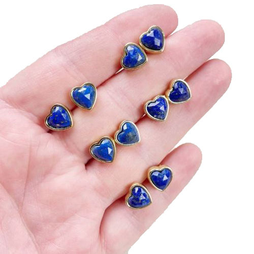 Earrings Lapis Lazuli Gemstone 9Mm Heart Sterling Silver Gold Vermeil Bezel Stud