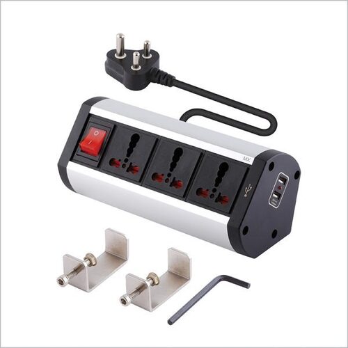MX 3 Outlet Desk Clamp Mount Power Strip, with 2 USB 2.4 Amp Charging Power Stations, Circuit Breaker Switch, 16 Amps Universal Sockets, 1.5 m Power Cord
