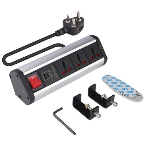 MX 3 Outlet Desk Clamp Mount Power Strip With 2 USB 2.4 Amp Charging Power Stations + 30W PD Qualcomm Quick Charge Port Master Switch