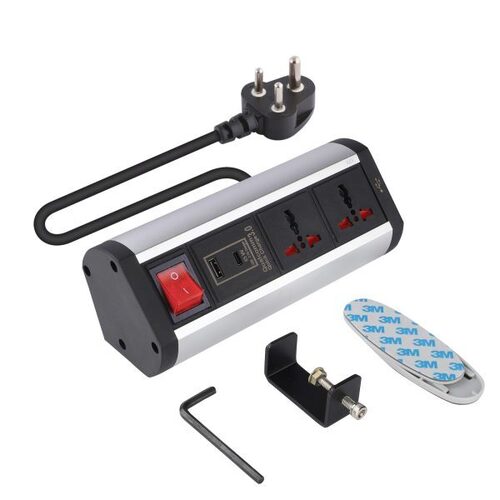 MX 2 Outlet Desk Clamp Mount Power Strip With 2 USB 2.4 Amp Charging Power Stations + 65W PD Qualcomm Quick Charge Port Master Switch