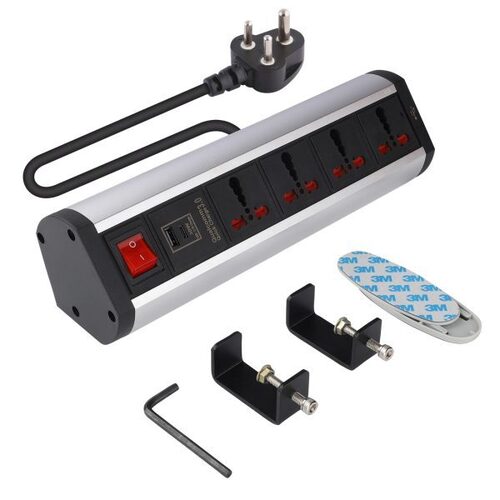 MX 4 Outlet Desk Clamp Mount Power Strip, With 2 USB 2.4 Amp Charging Power Stations + 30W PD Qualcomm Quick Charge Port, Master Switch