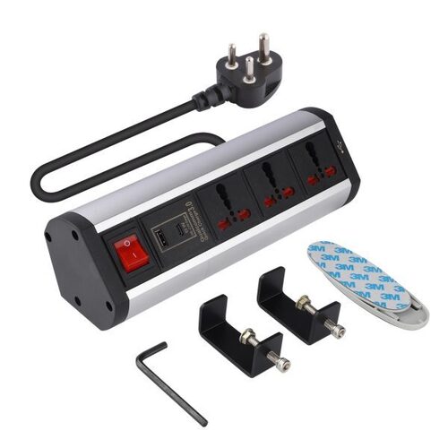 MX 3 Outlet Desk Clamp Mount Power Strip, With 2 USB 2.4 Amp Charging Power Stations + 65W PD Qualcomm Quick Charge Port, Master Switch, 16 Amps Universal