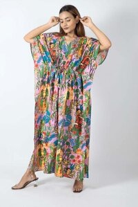 Printed Cotton Kaftan - Free Size 48-50 Inches | V Shape Neck, Adjustable Drawstring Waist, Vibrant Frida Khalo Print, Multi-purpose Wear