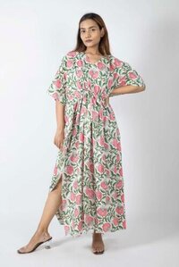 Printed Cotton Kaftan - Length 48-50 Inches, Multi-color Floral Print, Free Bust Size, Short Sleeves, All Season Wear, Adjustable Drawstring Waist