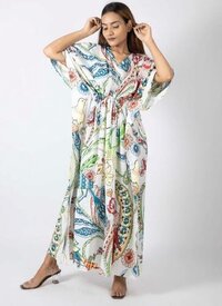 Printed Kaftan Dress - Cotton, Free Size Length 48-50 Inches, White Floral Print, V Shape Neck, Adjustable Drawstring Waist, Short Sleeves