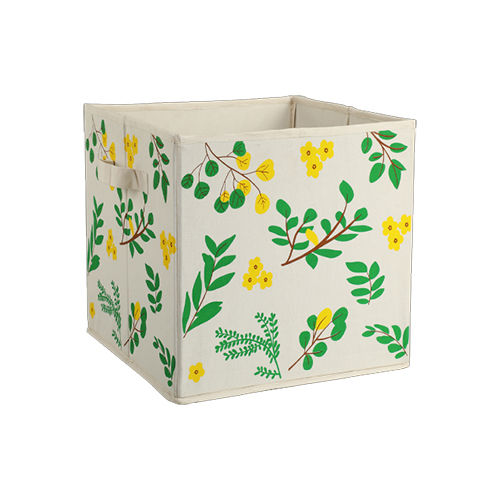 White Leaf Print Cotton Canvas Storage Bins