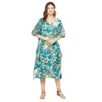 Women Long Kaftan Night Dress - 100% Cotton, Free Size Length 48-50 Inches, Blue Floral Print, Adjustable Drawstring Waist, All Season Comfort