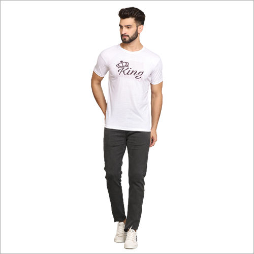 Cotton Sk Roundneck Half Sleeves King White T Shirt