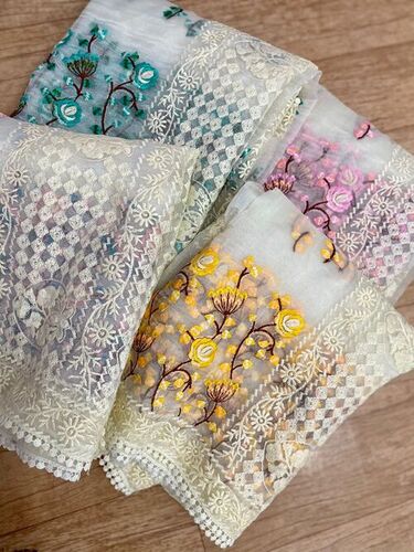 Organza Saree With Beautiful Lucknowi Embroidery