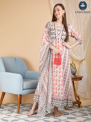 Ladies kurti with dupatta cream print A line S0