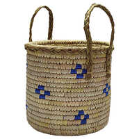 Handicrafted Multi-Utility Round Basket - Sabai Grass, Brown-Blue Color | Durable, Eco-Friendly, Light Weight, With Handle, Indian Modern Arts Design