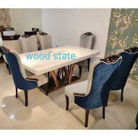 6 Seater Dining Table Set - Solid Wood, 170x76x90 Cm | Modern Indian Style, White-blue-brown, Velvet Chairs, 2 Year Warranty