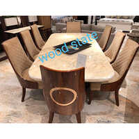 8 Seater Dining Table Set - Solid Wood, 220x78.5x120 Cm | Modern Indian Style, Velvet Chairs, 2 Year Warranty, Machine Made