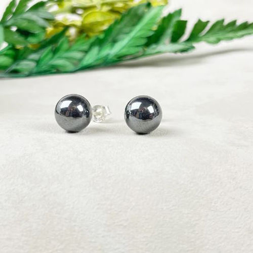 Hematite Gemstone 8mm Round Shape 925 Sterling Silver Stud