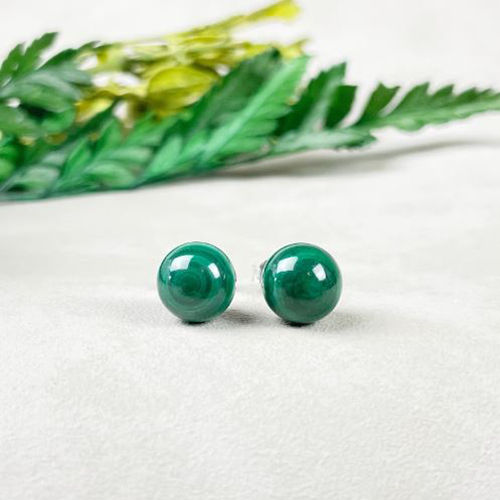 Malachite Gemstone 8mm Round Shape 925 Sterling Silver Stud