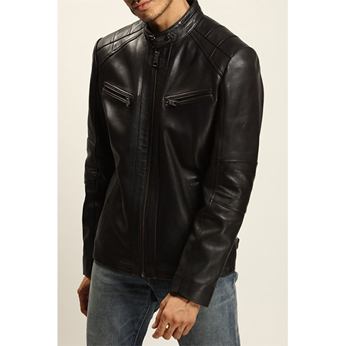Full Sleeves Straight Collar Black Leather Jacket