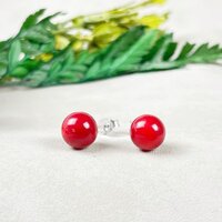 Red Coral Gemstone 8mm Round Shape 925 Sterling Silver Stud