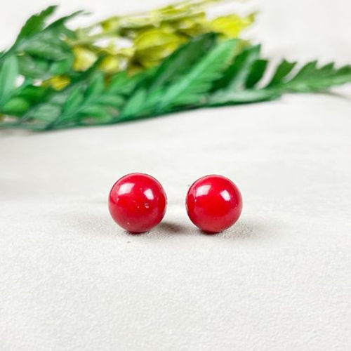 Red Coral Gemstone 8mm Round Shape 925 Sterling Silver Stud