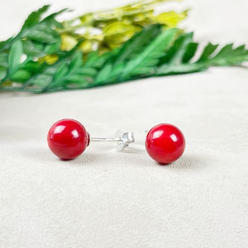 Red Coral Gemstone 8mm Round Shape 925 Sterling Silver Stud