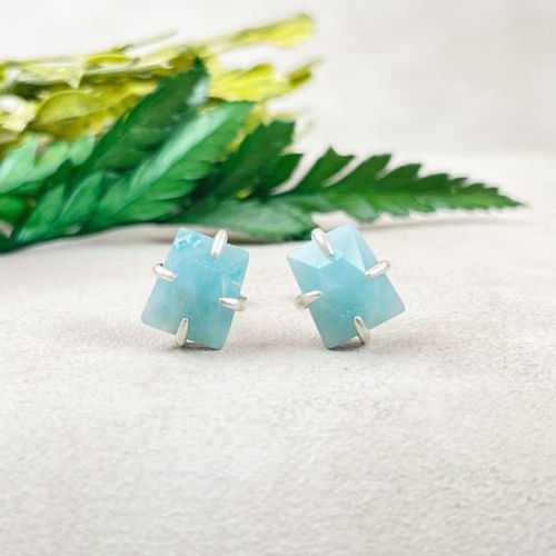 Amazonite Gemstone 10x8mm Trapezoid Shape Prong set Sterling Silver Stud Earrings