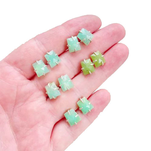 Chrysoprase Gemstone 10x8mm Trapezoid Shape Prong set Sterling Silver Stud Earrings