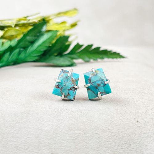 Copper Turquoise Gemstone 10x8mm Trapezoid Shape Prong set Sterling Silver Stud Earrings