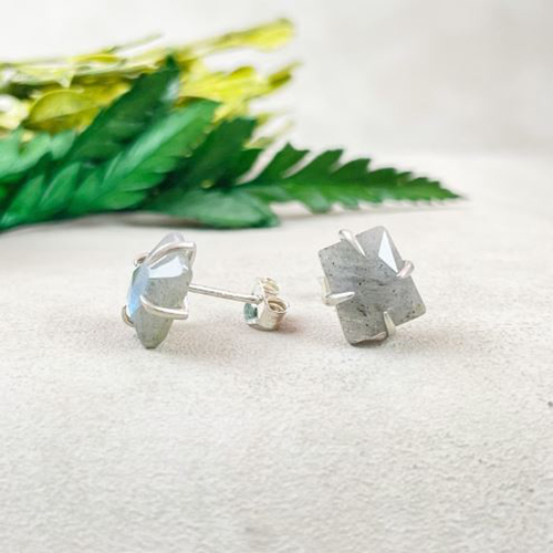 Labradorite Gemstone 10x8mm Trapezoid Shape Prong set Sterling Silver Stud Earrings