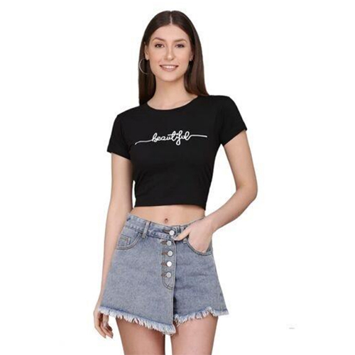 Black Screen Print Crop Tops