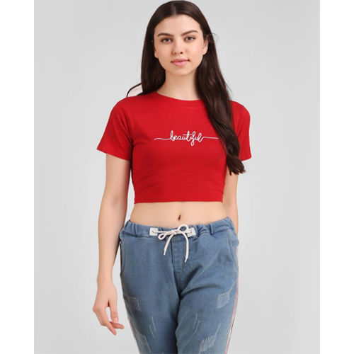 Summer Red Screen Print Crop Tops