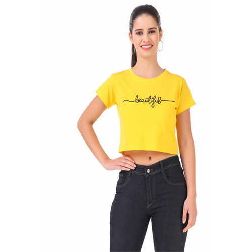 Yellow Screen Print Crop Tops