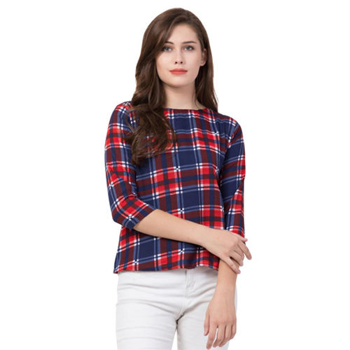 Red and Blue Crepe Printed Top