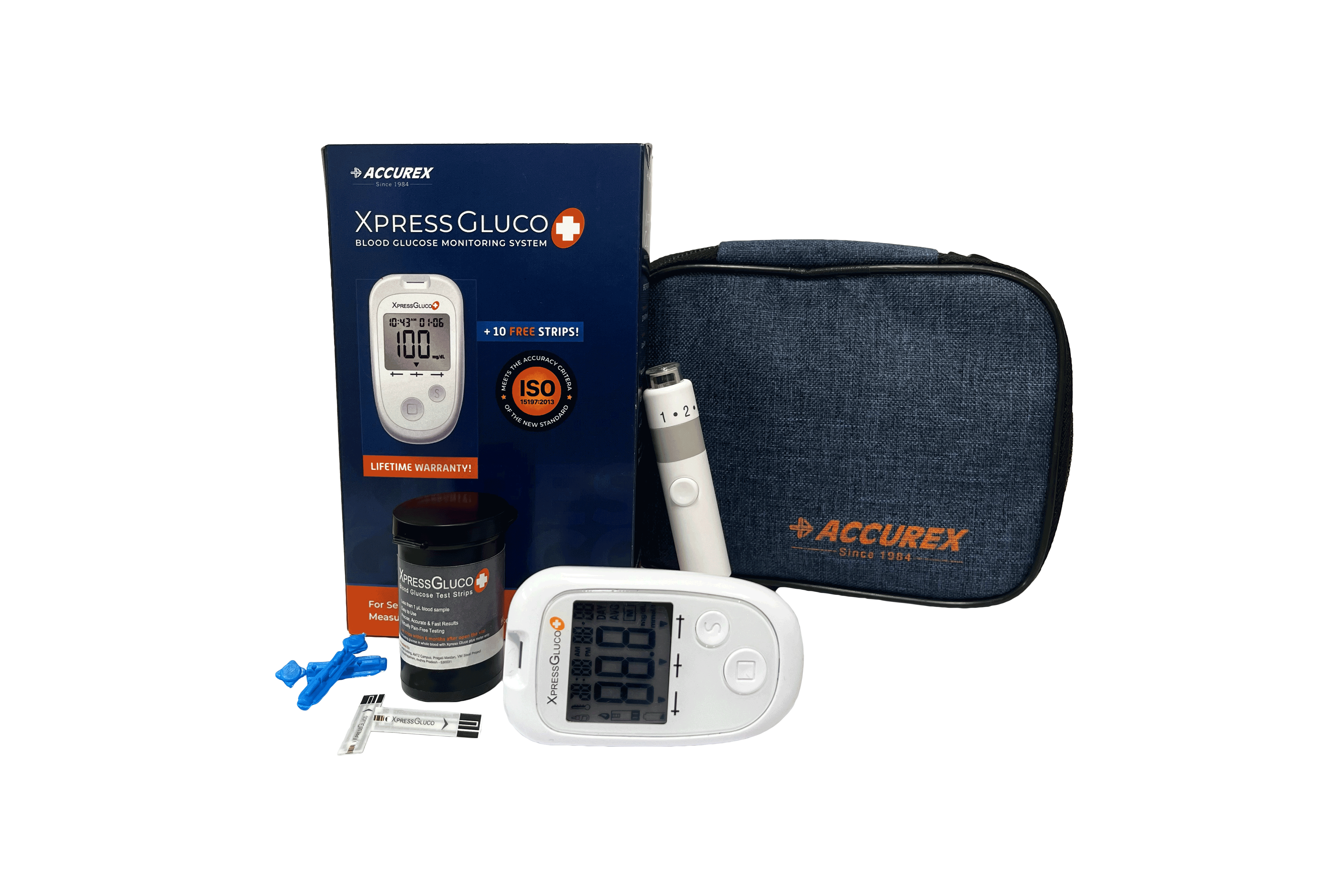 Xpress Gluco Plus Kit Box of 10 Strips 10 lancets Free  Diabetes Care Kit  Accurex Biomedical